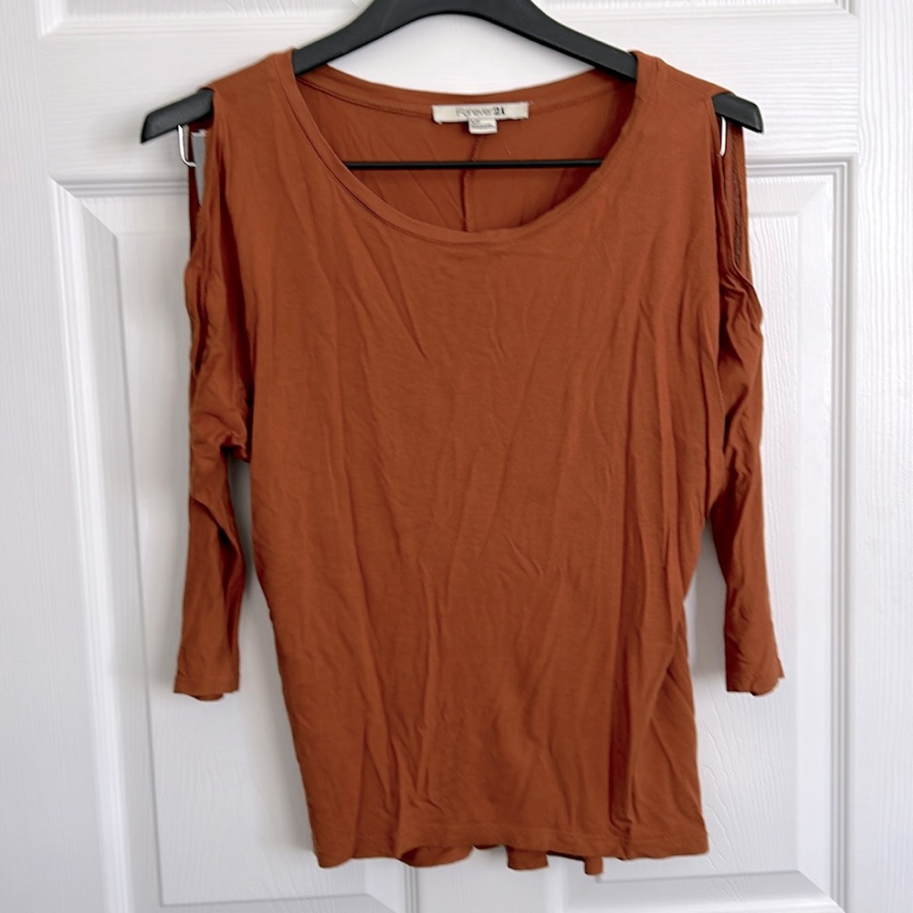 Scoop Neck Burnt Rust Orange 3/4 Length Cutout Sleeves Lightweight Shirt